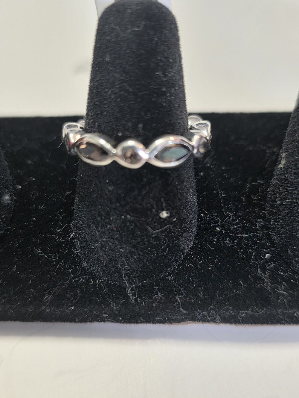Silver Marquise Link Band Ring with Dark Smoky Quartz Inlays